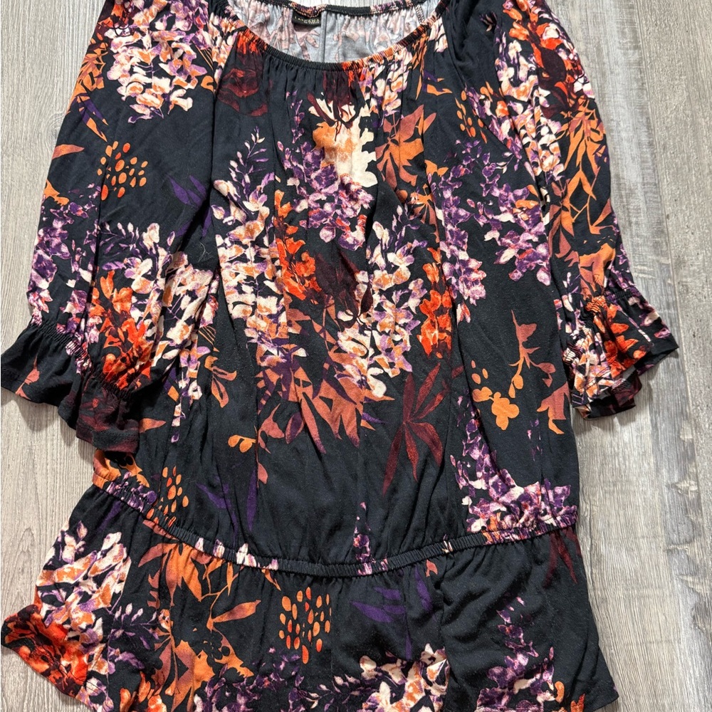 Ruffled Relaxed Orange and Brown Blouse boho spring floral lightweight - Picture 2 of 5